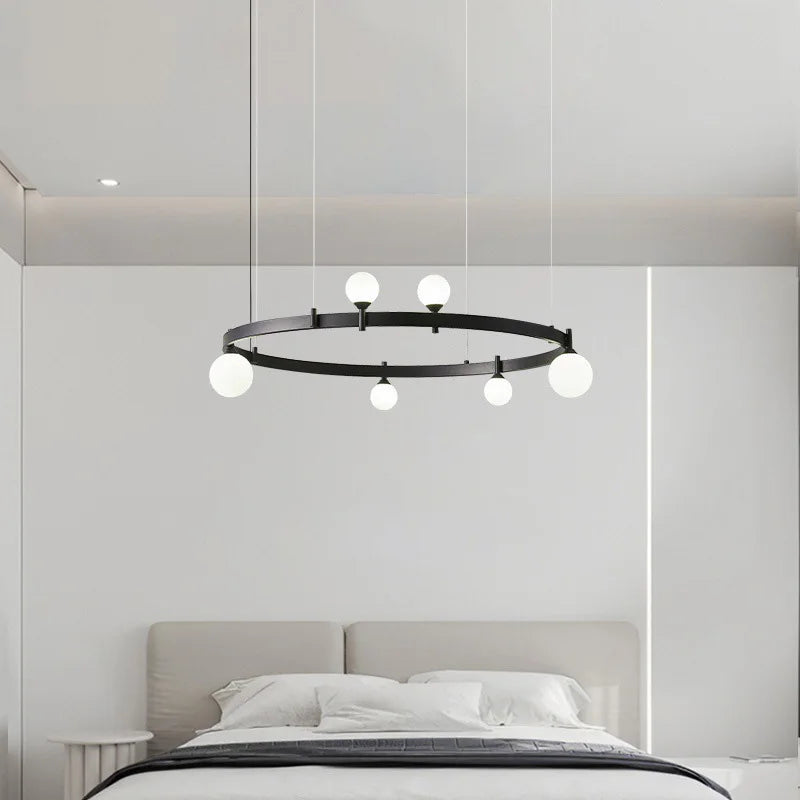 Afralia™ Minimalist Black Chandelier with White Glass, Adjustable Height, G4 Bulb, Art Decor