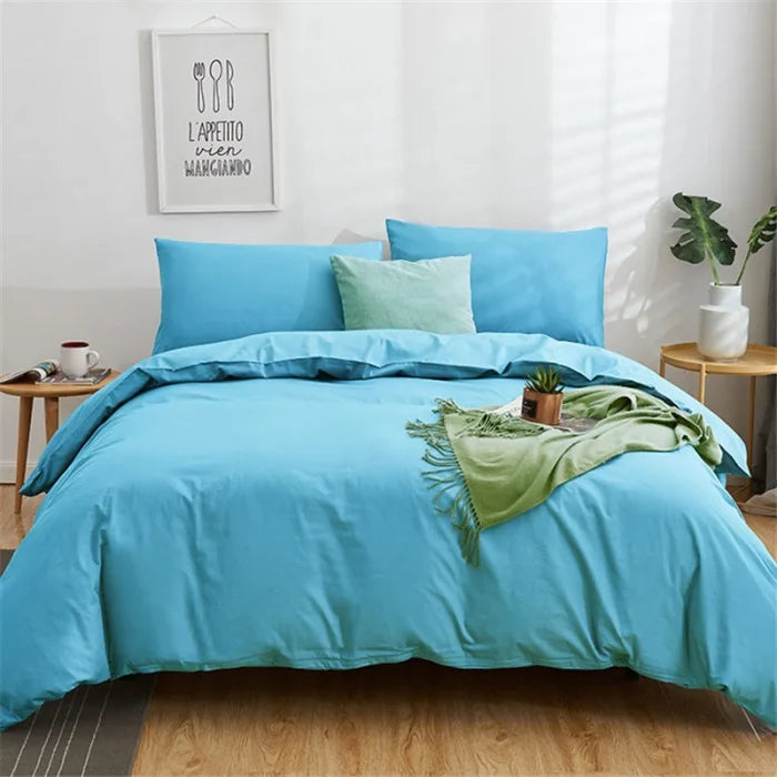 Afralia™ Cotton 4pcs Bedding Set Double Queen Solid Color Duvet Cover Flat Bed Sheet