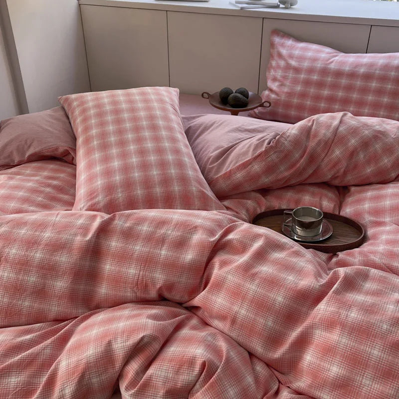 Nordic Grid Print Bedding Set in Wash Cotton Linen for Single Double Bed by Afralia™