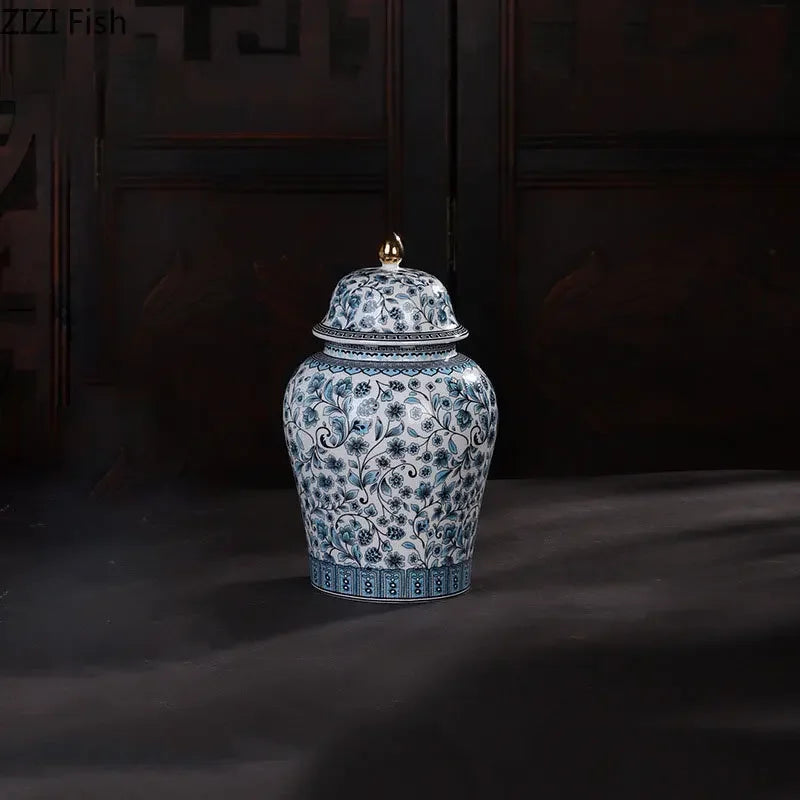 Afralia™ Blue White Ceramic Enamel General Jar Tea Canister Desk Flower Texture Pot