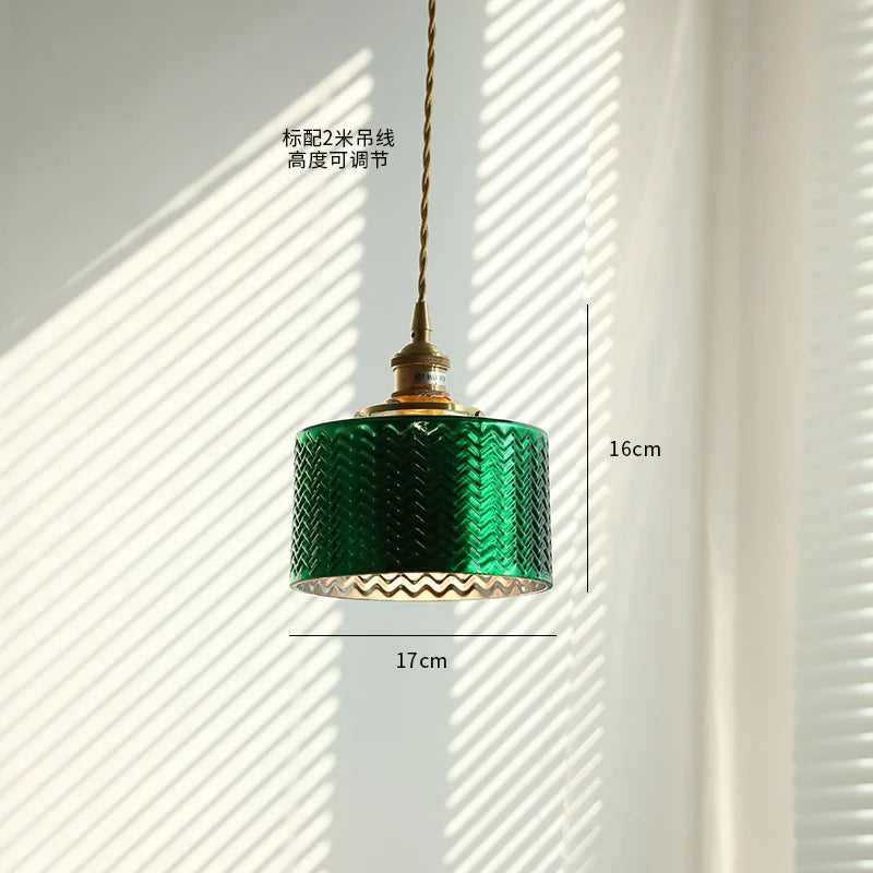 Afralia™ Copper Canopy LED Pendant Light Fixture Green Glass Hanging Lamp
