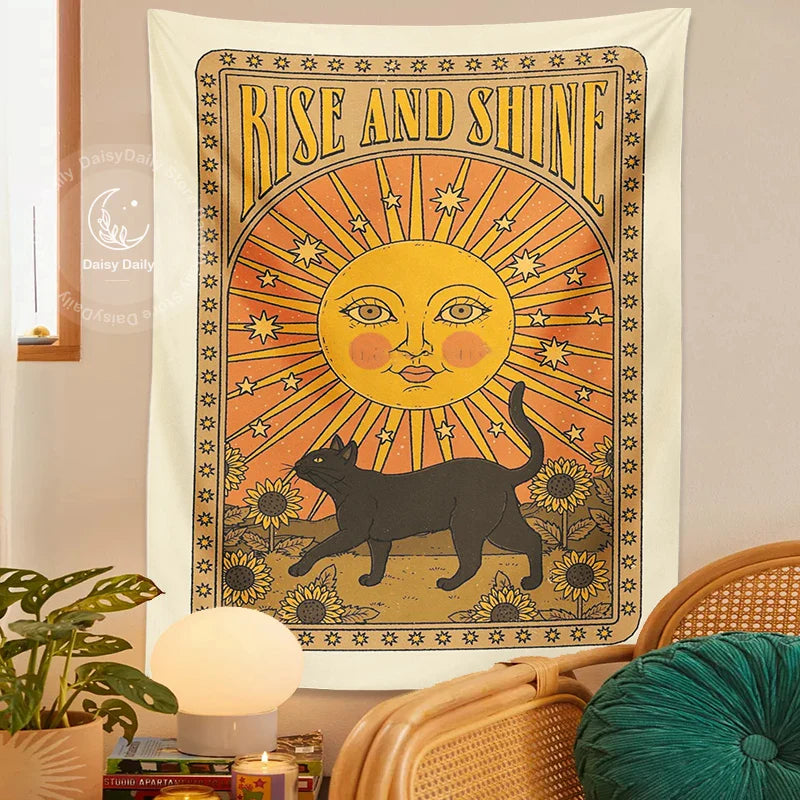 Sun Cat Tarot Tapestry by Afralia™: Vintage Boho Wall Art for Witchcraft and Hippie Decor