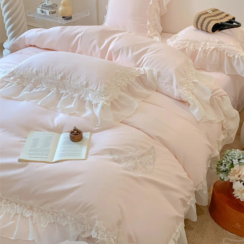 Afralia™ Pink Lace Butterfly Embroidery Bedding Set 4Pcs, Princess Wedding Theme