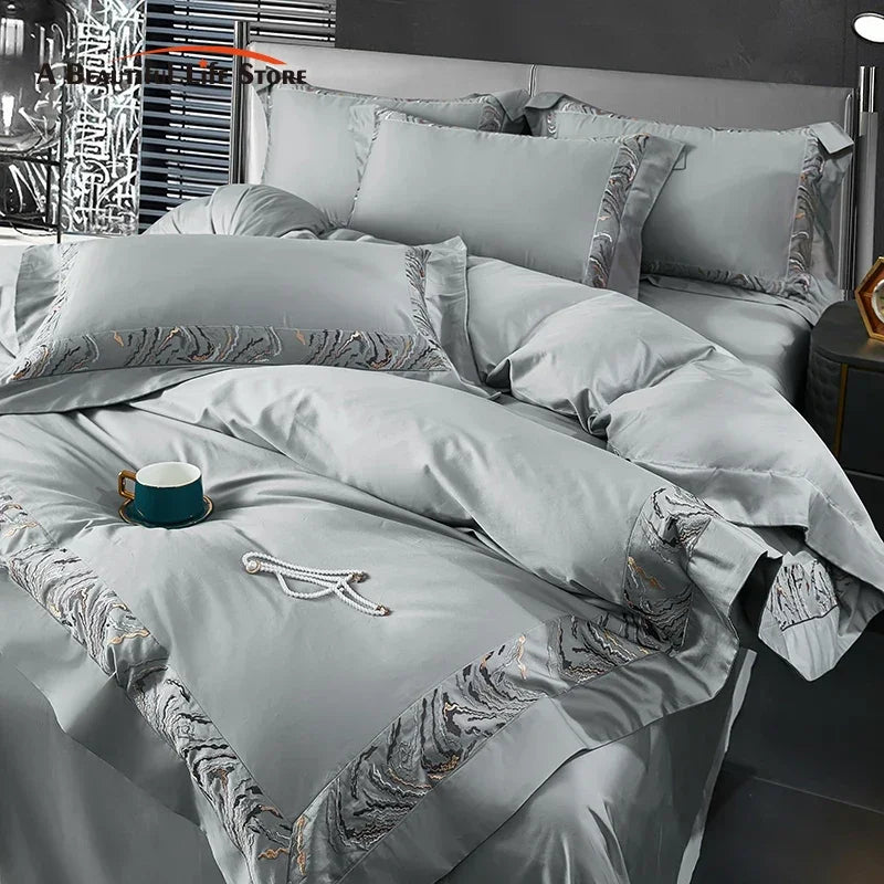 Afralia™ Zebra Print Embroidery Bedding Set 800TC Egyptian Cotton Grey Orange, Duvet Cover Flat Sheet Pillowcases