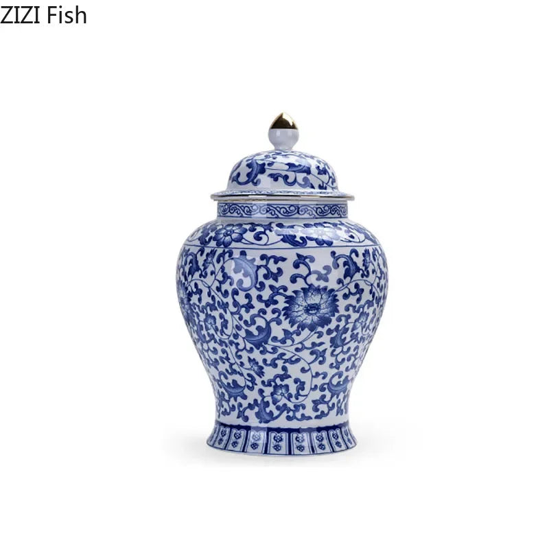 Afralia™ Blue & White Porcelain Jar with Gold Plating - Ceramic Storage & Desk Decor