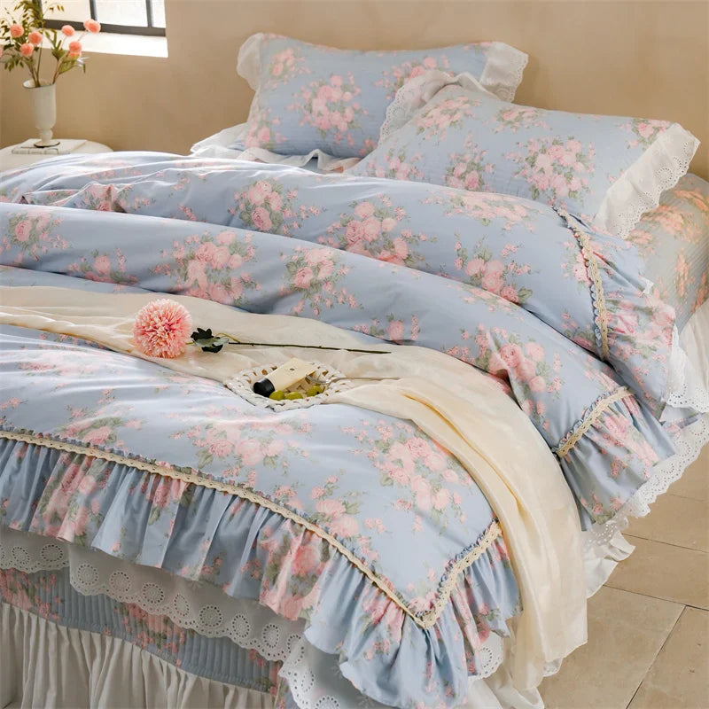 Afralia™ Pure Cotton Floral Quilted Bedding Set with Lace Ruffles