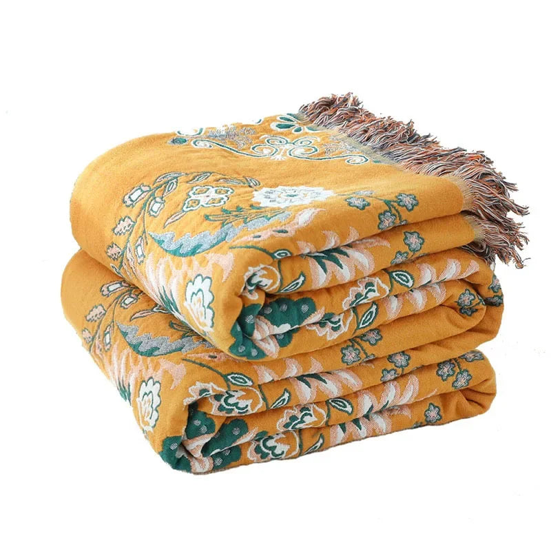 Afralia™ Gauze Flowers Double-Sided Cotton Throw Blanket with Tassels