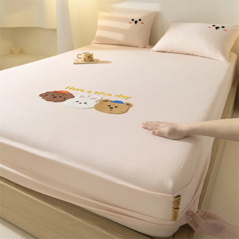 Afralia™ Cartoon Embroidered Fitted Sheet Single Bed Cover, 100% Cotton, All Seasons, Anti-Slip