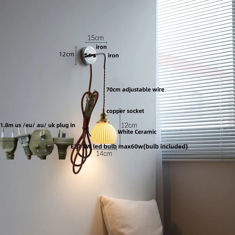 Afralia™ Ceramic Canopy LED Wall Lamp, Adjustable Wire, Pull Chain Switch