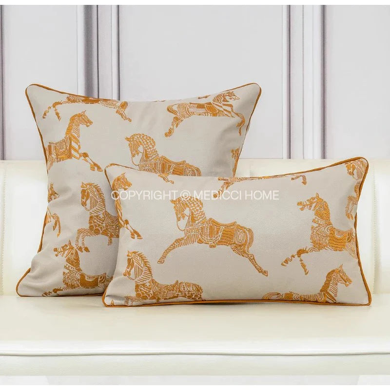 Afralia™ Gold Faux Silk Horses Jacquard Cushion Cover, Soft Chinese Style Throw Pillow Case