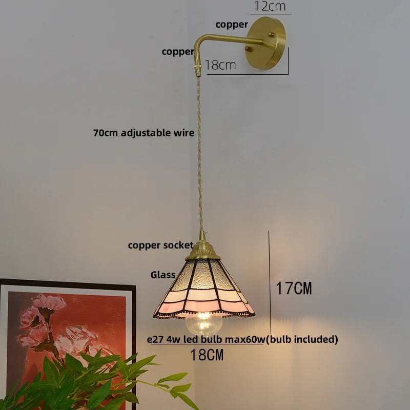 Afralia™ Glass Brass LED Wall Sconce Pull Chain Switch Vintage Vanity Light