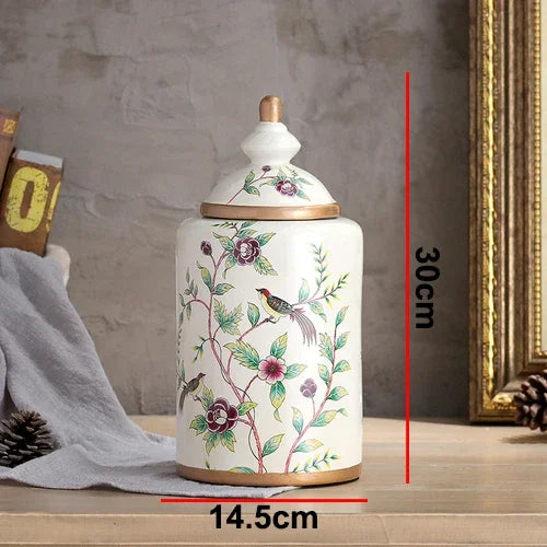 Afralia™ European Flower Bird Ceramic Storage Jar Vase Decoration Tea Coffee Beans Candy Home Decor