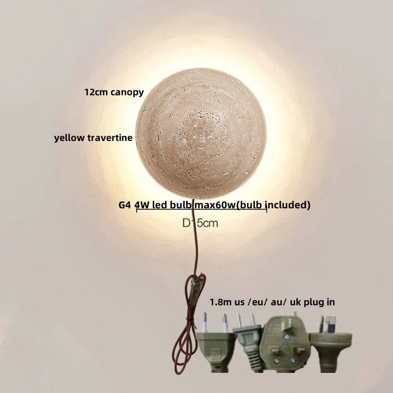 Afralia™ White Glass LED Wall Lights Yellow Travertine Stone Modern Disc Switch Bedside Lamp