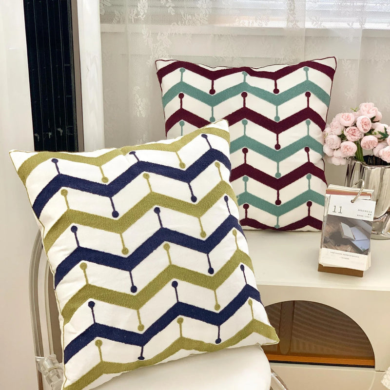 Geometric Embroidery Pillow Case 45x45cm Grey Yellow Blue Zigzag Afralia™ Home Decor