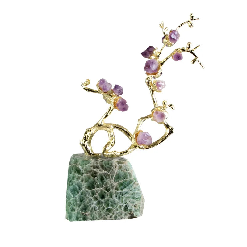Afralia™ Amethyst Brass Tree Ornament Crystal Simulation Plant Sculpture Home Decoration