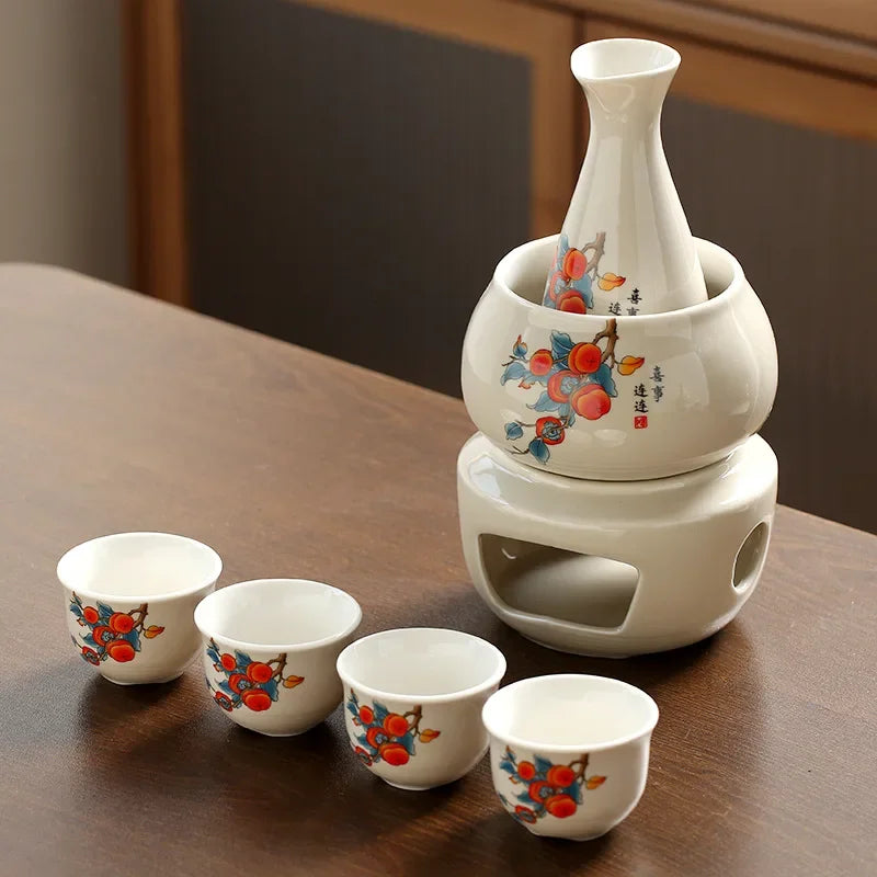 Afralia™ Sake Set: 7-Piece Ceramic Wine Kit with Carafe, Cups, Warmer, and Candle Warmer