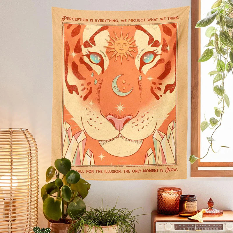 Afralia™ Vintage Tarot Tiger Leo Sun Moon Tapestry Wall Hanging