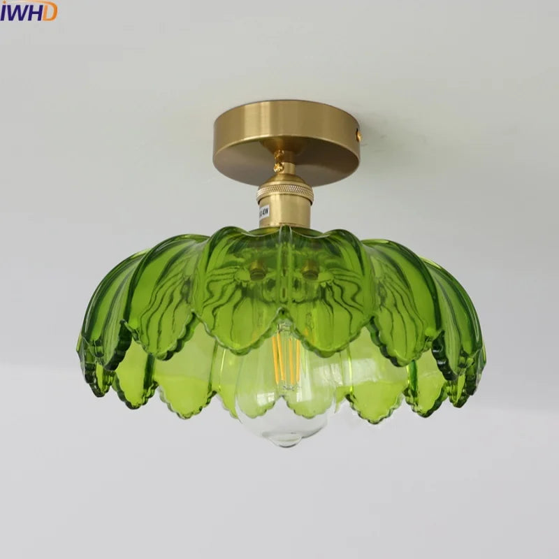 Afralia™ Green Glass LED Ceiling Light Modern Iron Copper Lampara Techo for Home Decor