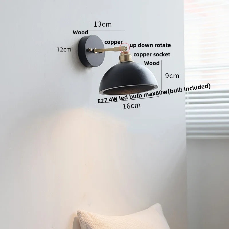 Afralia™ Black Wood LED Wall Light with Pull Chain Switch, Rotating Japanese Style Bedside Lamp