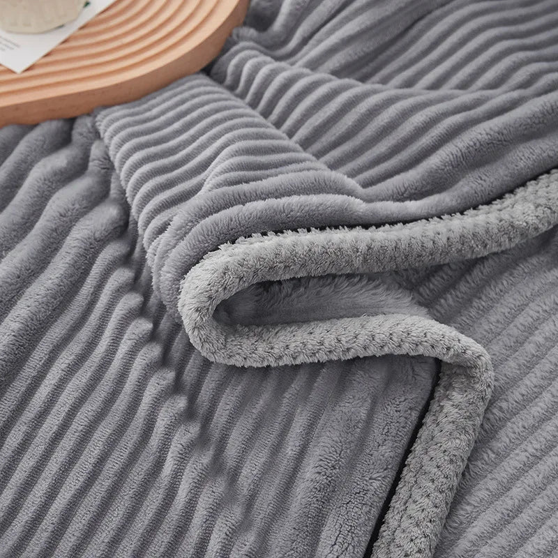 Afralia™ Solid Stripe Faux Rabbit Blanket Flannel for All Seasons, Single Double Bed