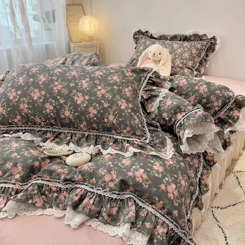 Afralia™ Princess Style Lace Ruffles Bedding Set - 100% Cotton, 3/4Pcs, Korean Design