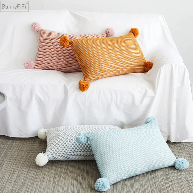 Afralia™ Vintage Knit Pompom Ball Pillow Cover for Home Sofa Bed Decoration