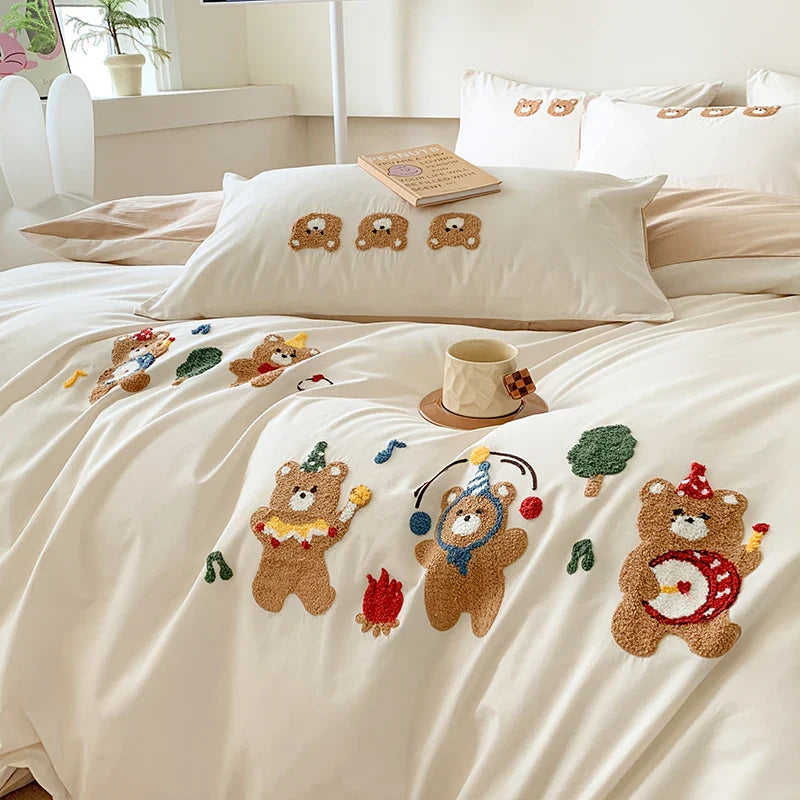 Afralia™ Cute Bear Embroidery Bedding Set with Duvet Cover, Sheet and Pillowcases