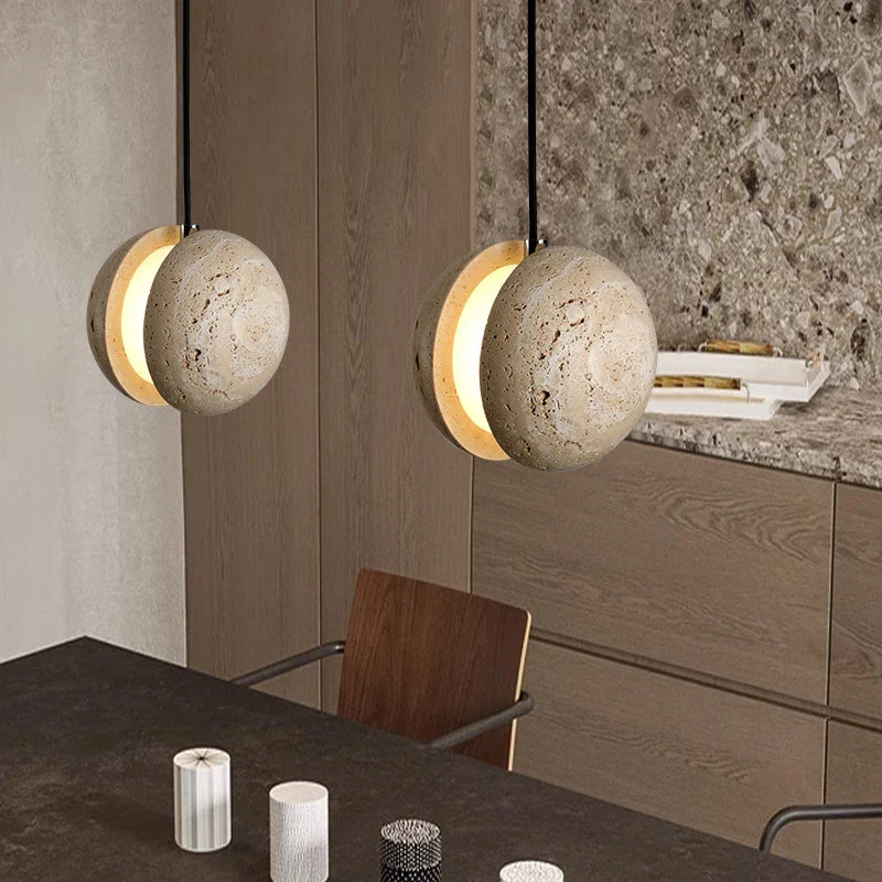 Afralia™ Yellow Travertine Stone LED Pendant Lights for Kitchen Living Room, Japanese Vintage Design