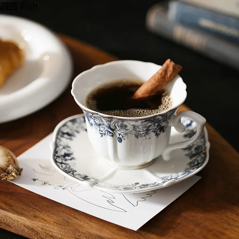 Afralia™ Grey Blue Rose Ceramic Cup & Saucer Set, Classical Mugs for Dining Table and Coffee Mug