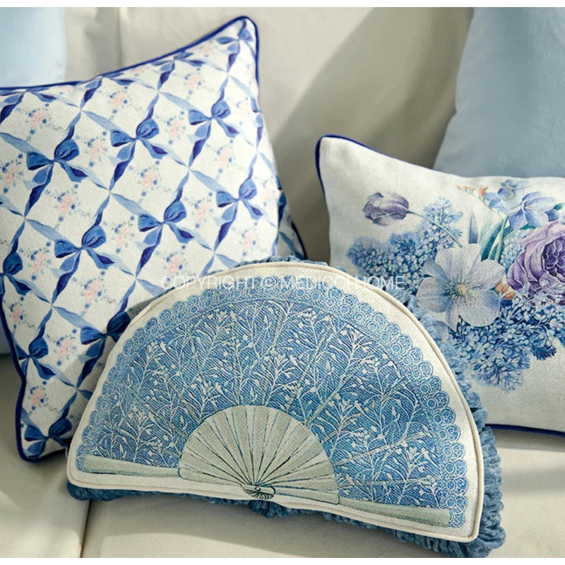 Afralia™ Chinoiserie Blue Wavy Fan Pillowcase Bohemian Print Lumbar Cushion Cover