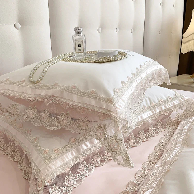 Afralia™ French Lace Flowers Embroidery Wedding Bedding Set 1200TC - Luxurious and Romantic Cotton Duvet Cover Set