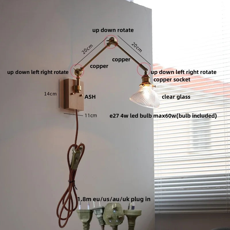 Afralia™ Nordic Green LED Wall Sconce with Swing Arm, Wood Base and Pull Chain Switch