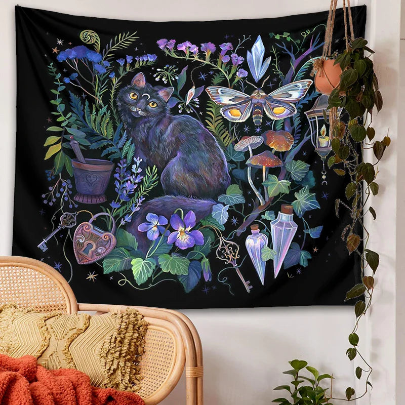 Boho Garden Tapestry Moon Moth Psychedelic Botanical Wall Hanging by Afralia™.