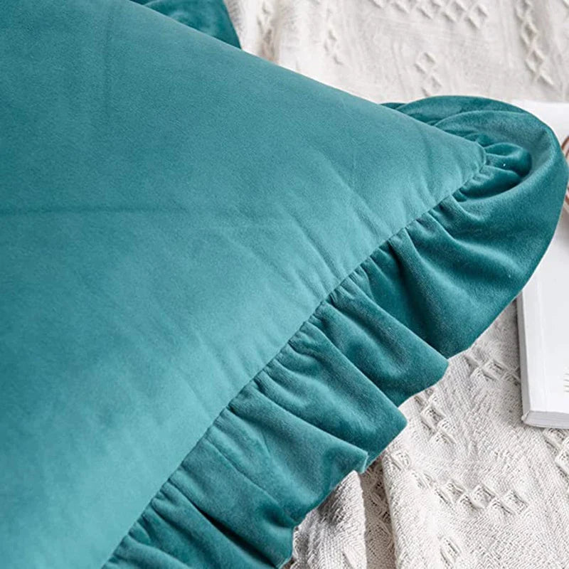 Afralia™ Velvet Ruffle Teal Throw Pillow Covers - Set of 2