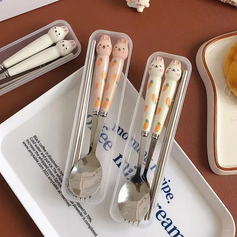 Afralia™ Rabbit Cutlery Set: Spoon, Fork, Chopsticks - Portable Stainless Steel Kitchen Dinnerware
