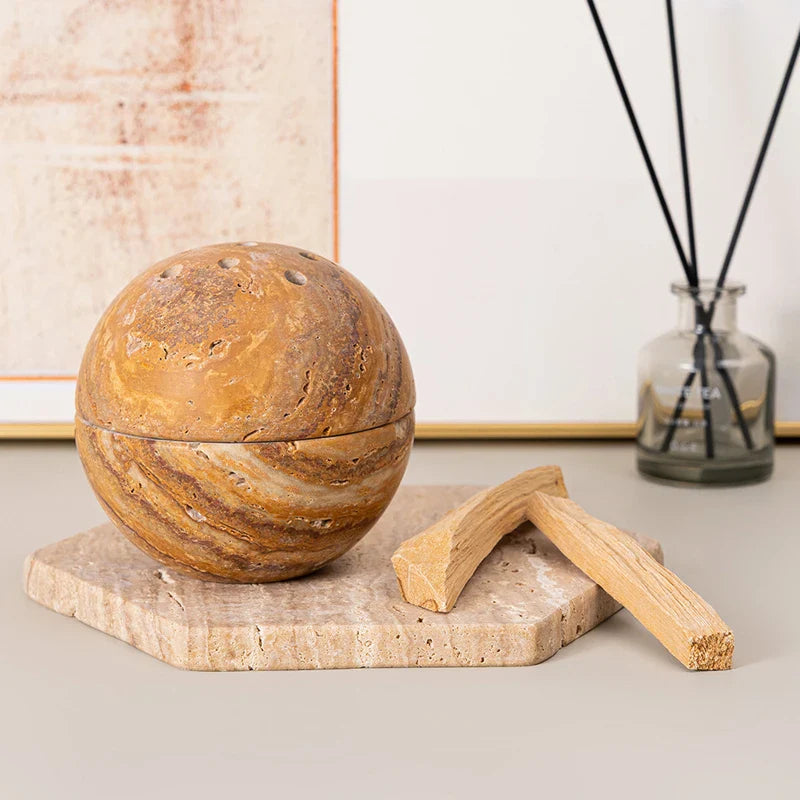 Afralia™ Travertine Marble Incense Burner Ball Shape Stone Holder Home Decor Tray