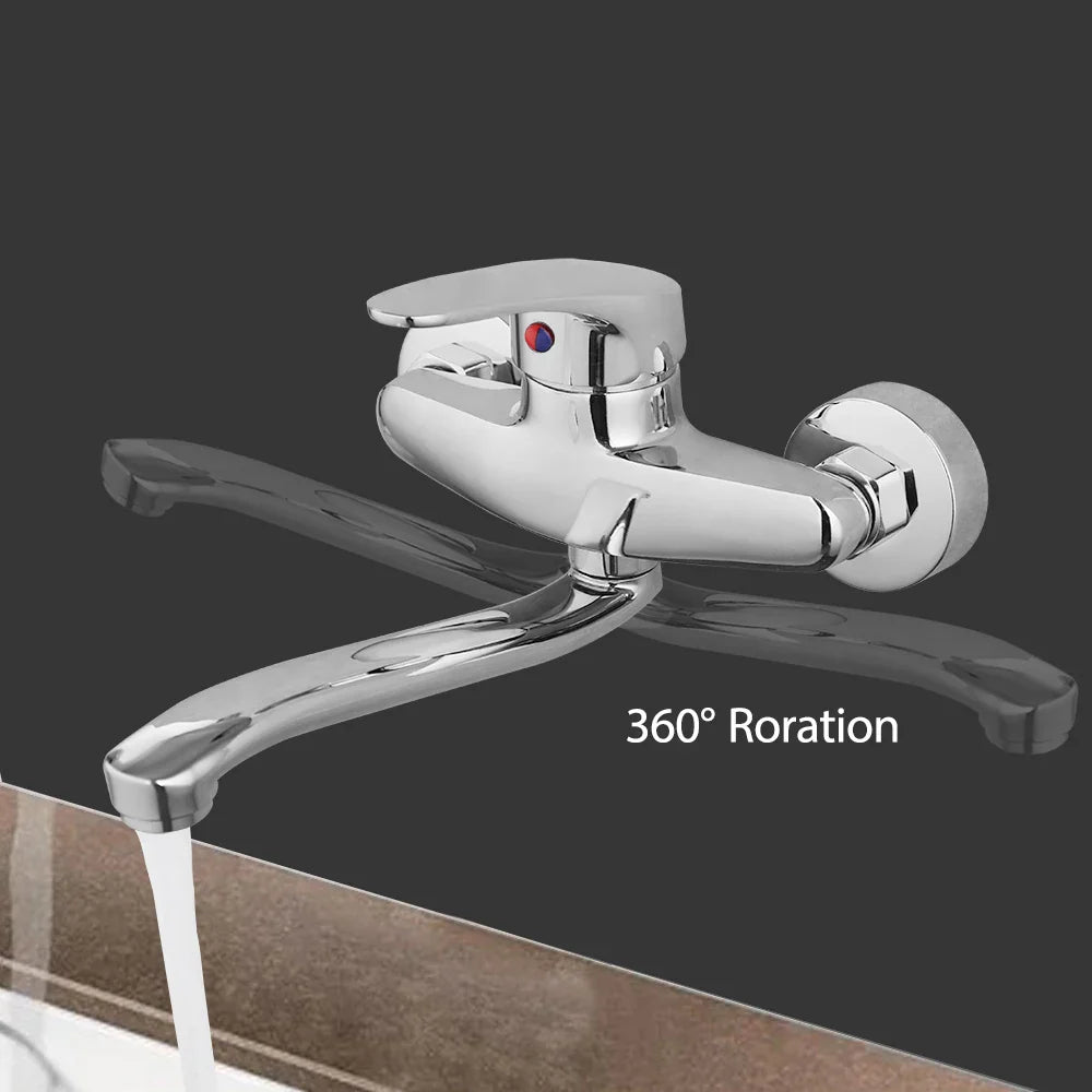 Afralia™ Chrome Brass Bathroom Basin Faucet Wall Mounted Mixer Bathtub Faucet 360 Swivel Spout