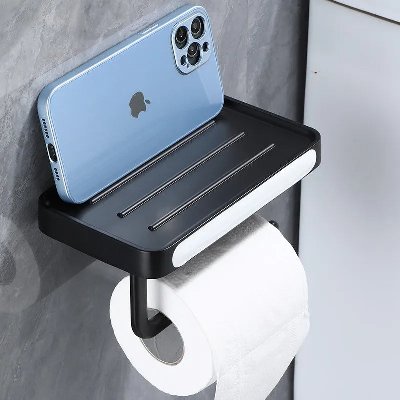 Afralia™ White Aluminium Toilet Paper Holder with Shelf Tray, Wall Mount Tissue Hanger