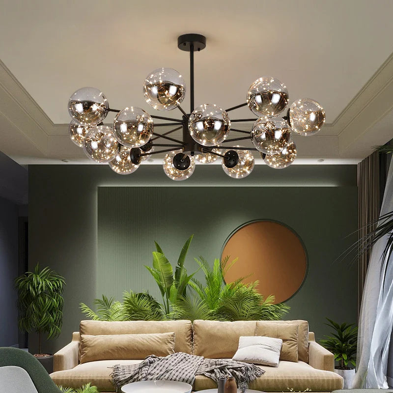 Afralia™ Black Glass Ball Chandelier: Luxury Dimmable Pendant Lamp for Living Room & Bedroom.