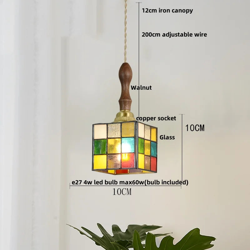 Afralia™ Colorful Glass Magic Cube LED Pendant Lights Tiffany Style Wood Hang Lamp