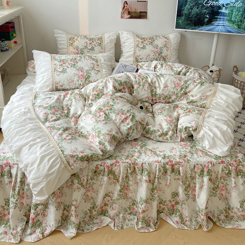 Afralia™ Korean Princess Flowers Bedding Set - Duvet Cover, Bed Skirt, Pillowcases
