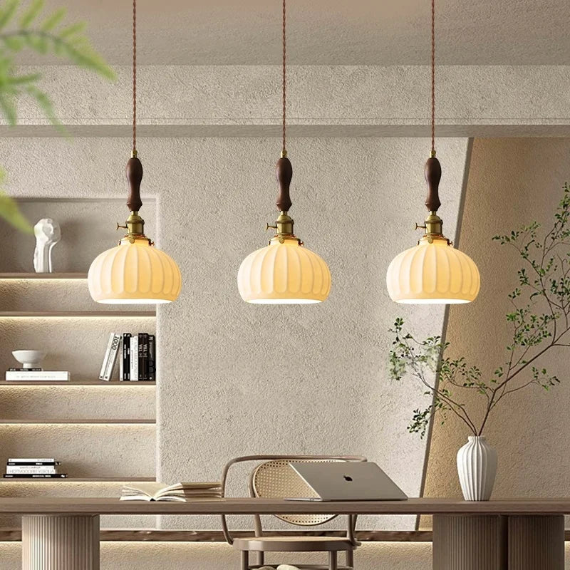 Afralia™ Wood Handle LED Pendant Lights Japanese Vintage Style Bar Bedroom Living Room HangLamp