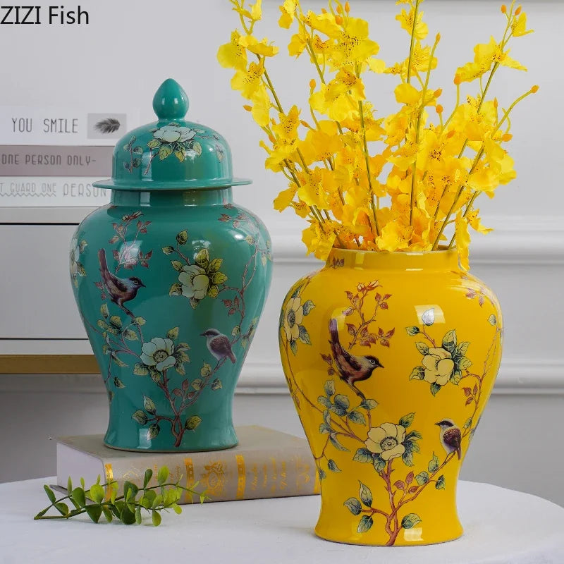 Afralia™ Ceramic Bird & Flower General Jar - Large Capacity Sealed Storage & Vase