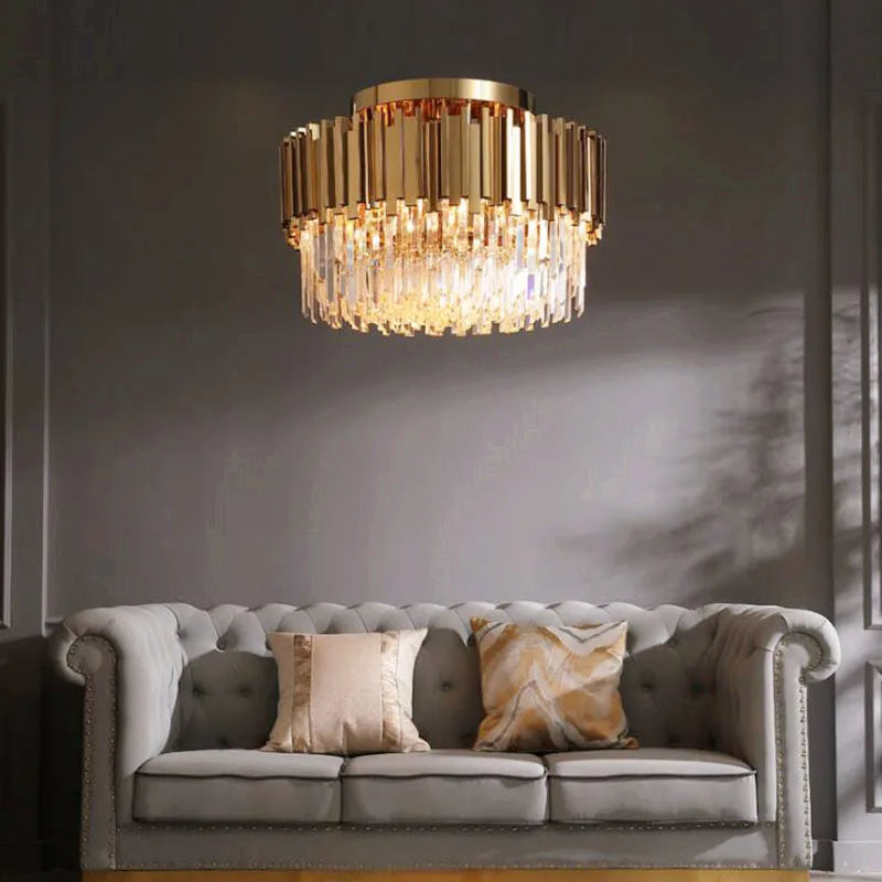 Afralia™ Gold Crystal Ceiling Lamp: Modern LED Lighting Fixtures for Luxurious Living Rooms.