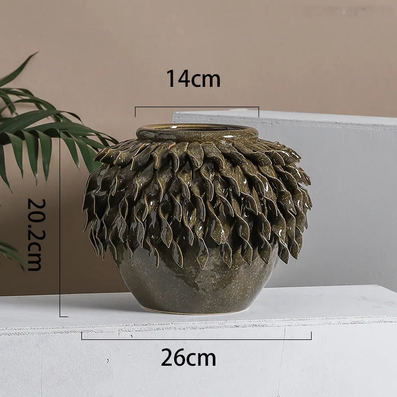 Afralia™ Leaf Relief Ceramic Vase: Hand-made 3D Floral Arrangement Pot