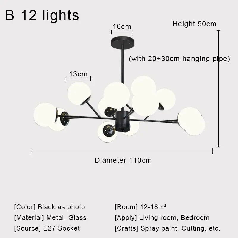 Afralia™ Nordic Black Glass Ball Ceiling Chandelier for Living Room Kitchen Bedroom Dining Home Décor