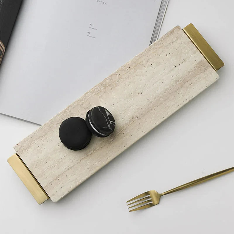 Afralia™ Beige Travertine Stone Tray with Golden Metal Handle