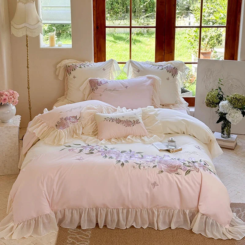 Afralia™ Flowers Lace Ruffles Wedding Bedding Set 1000TC Egyptian Cotton Duvet Cover Set