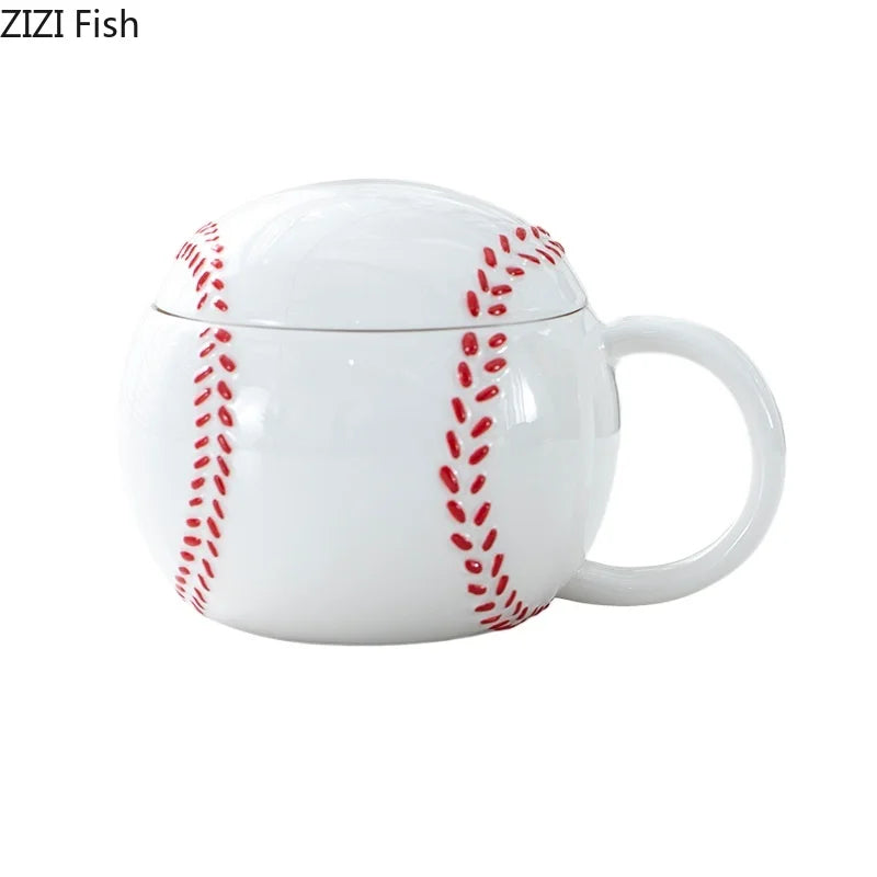 Afralia™ Baseball Shape Ceramic Mug with Lid - Coffee, Tea, Juice Cup