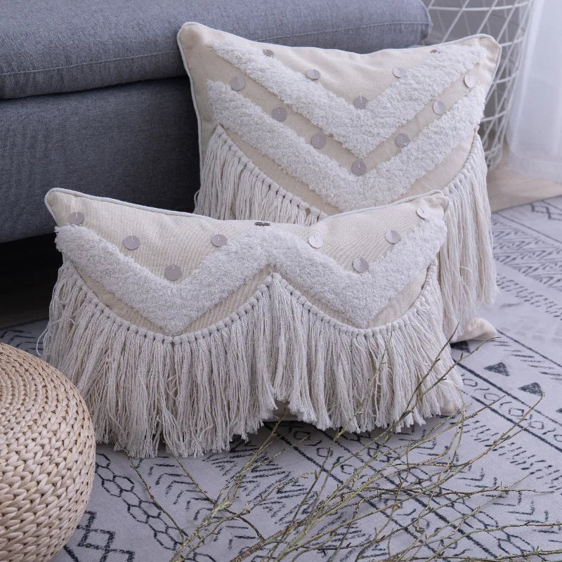 Afralia™ Moroccan Beige Diamond Fringed Cushion Cover 45x45cm for Home Decor